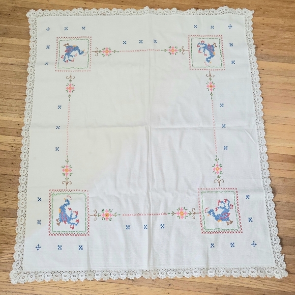 Vintage Peacock Cross Stitched White Cotton Table Square 37" x 33" - Picture 3 of 8